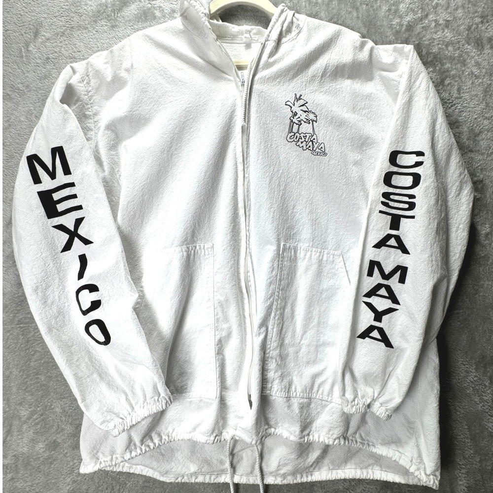 Costa‎ Maya Mexico Windbreaker Jacket XL White Hooded Full Zip Coastal Beach